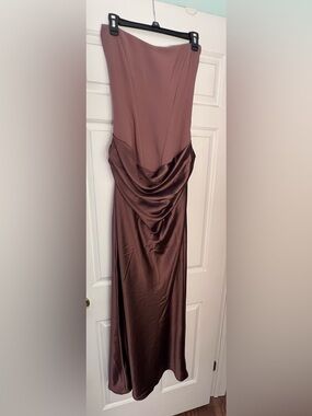 Babyboo Maggie Maxi Dress, Strapless Satin Draped Maxi Dress in Mauve Brown